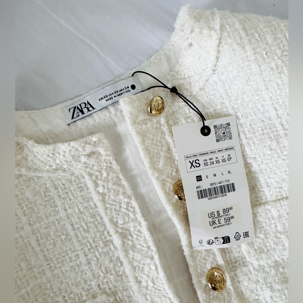 *BRAND NEW* Zara Cream/White Tweed Dress with Gold Buttons XS - Picture 10 of 14